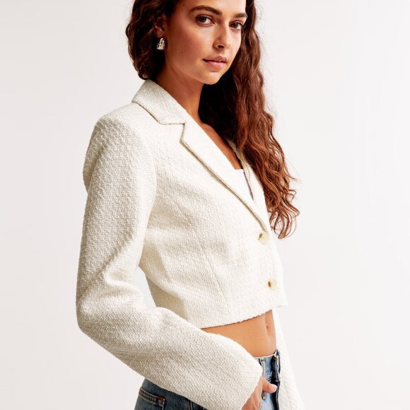 Abercrombie & Fitch Cropped Tweed Blazer Cream Size Small - Picture 4 of 8